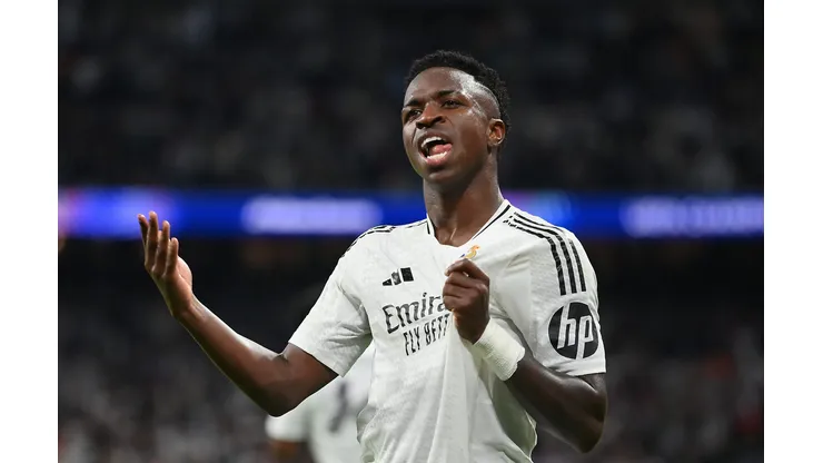 MADRID, SPAIN - OCTOBER 22: Vinicius Junior of Real Madrid celebrates scoring his team's fifth goal during the UEFA Champions League 2024/25 League Phase MD3 match between Real Madrid C.F. and Borussia Dortmund at Estadio Santiago Bernabeu on October 22, 2024 in Madrid, Spain. (Photo by Denis Doyle/Getty Images)