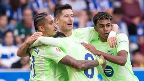 Raphinha, Robert Lewandowski, Lamine Yamal pelo Barcelona. O último é alvo do Liverpool. Foto: IMAGO / Alterphotos