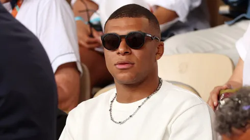 PARIS, FRANCE - JUNE 11: Footballer Kylian Mbappe is seen attending the Men's Singles Final match between Novak Djokovic of Serbia and Casper Ruud of Norway on Day Fifteen of the 2023 French Open at Roland Garros on June 11, 2023 in Paris, France. (Photo by Clive Brunskill/Getty Images)