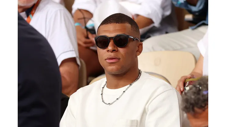 PARIS, FRANCE - JUNE 11: Footballer Kylian Mbappe is seen attending the Men's Singles Final match between Novak Djokovic of Serbia and Casper Ruud of Norway on Day Fifteen of the 2023 French Open at Roland Garros on June 11, 2023 in Paris, France. (Photo by Clive Brunskill/Getty Images)