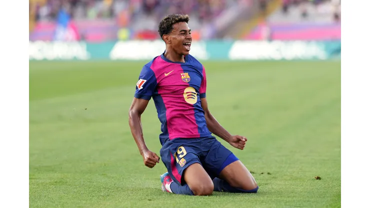 BARCELONA, SPAIN - AUGUST 24: Lamine Yamal of FC Barcelona celebrates scoring his team's first goal during the La Liga match between FC Barcelona and Athletic Club at Camp Nou on August 24, 2024 in Barcelona, Spain. (Photo by Alex Caparros/Getty Images)