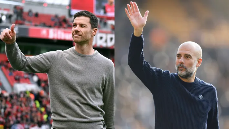 Xabi Alonso, treinador do Bayer Leverkusen. foto: IMAGO / Uwe Kraft | Pep Guardiola, técnicio do Manchester City. foto: IMAGO / Sportsphoto