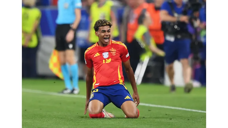 MUNICH, GERMANY - JULY 09: Lamine Yamal of Spain celebrates scoring his team's first goal during the UEFA EURO 2024 Semi-Final match between Spain and France at Munich Football Arena on July 09, 2024 in Munich, Germany. (Photo by Justin Setterfield/Getty Images)