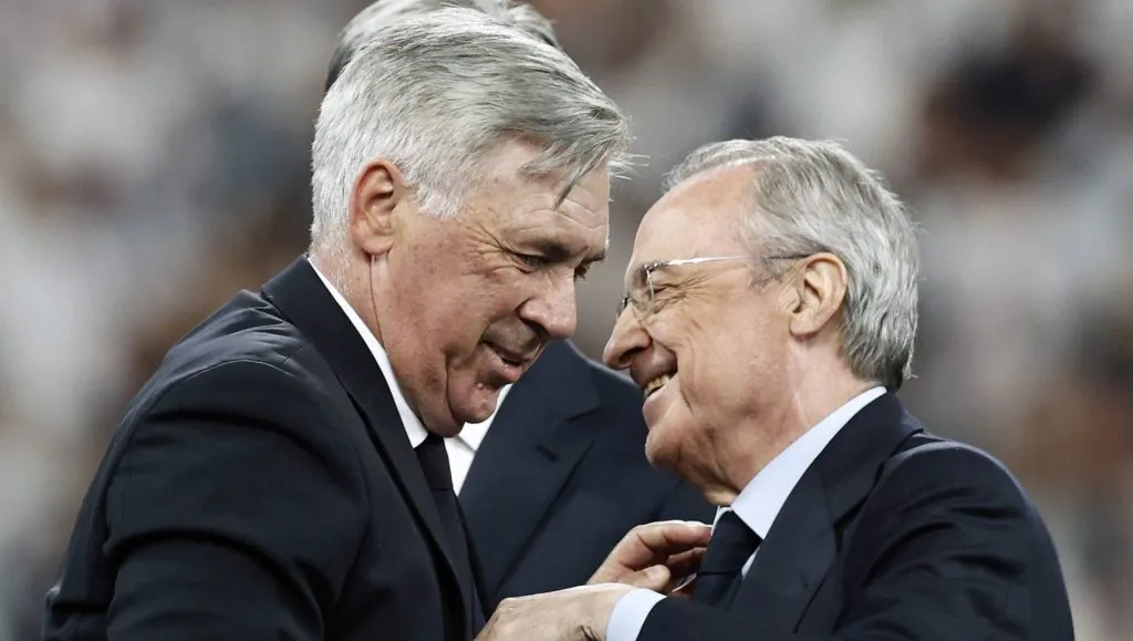 Técnico do Real Madrid, Carlo Ancelotti, e presidente do clube, Florentino Perez. crédito: IMAGO / ANP
