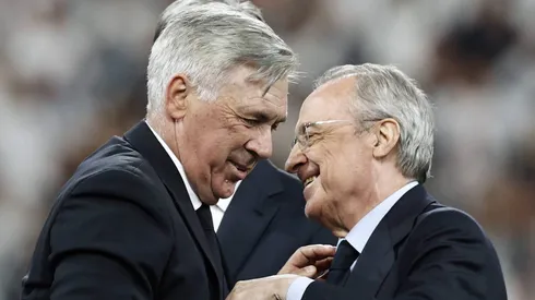 Técnico do Real Madrid, Carlo Ancelotti, e presidente do clube, Florentino Perez. crédito: IMAGO / ANP