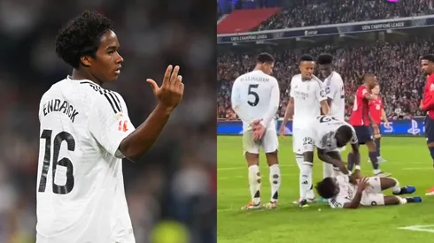 Endrick é sacudido por Rudiger no Real Madrid. Foto Esq.: Denis Doyle/Getty Images e Foto Dir.: Reprodução TNT Sports