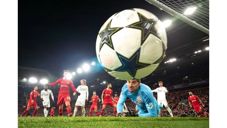 Liverpool v Real Madrid Champions League 27/11/2024. GOAL 2-0 Liverpool forward Cody Gakpo 18 scores not in picture, beating Real Madrid goalkeeper Thibaut Courtois 1 during the Champions League match between Liverpool and Real Madrid at Anfield, Liverpool, England on 27 November 2024. Editorial use only , Copyright: xIanxStephenx PSI-20885-0022