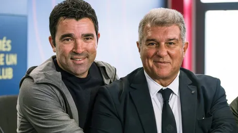 Deco, diretor do Barcelona e Laporta, presidente. foto: MAGO / NurPhoto
