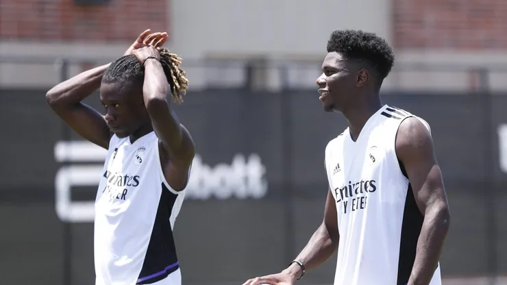 Camavinga e Tchouaméni em Valdebebas durante treino do Real Madrid