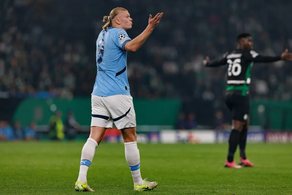 Erling Haaland durante a goleada por 4 a 1 contra o Sporting, pela Champions League. Foto: IMAGO / Maciej Rogowski.