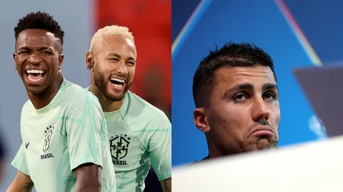 Vini Jr e Neymar pela Seleção brasileira. Rodri (Photo by Alexander Hassenstein/Getty Images) e (Photo by Carl Recine/Getty Images)