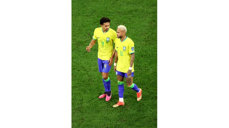 AL RAYYAN, QATAR - DECEMBER 09: Marquinhos and Neymar of Brazil talk after the second half during the FIFA World Cup Qatar 2022 quarter final match between Croatia and Brazil at Education City Stadium on December 09, 2022 in Al Rayyan, Qatar. (Photo by Francois Nel/Getty Images)