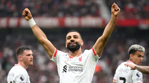MANCHESTER, ENGLAND – SEPTEMBER 01: Mohamed Salah of Liverpool celebrates scoring his team's third goal during the Premier League match between Manchester United FC and Liverpool FC at Old Trafford on September 01, 2024 in Manchester, England. (Photo by Michael Regan/Getty Images)