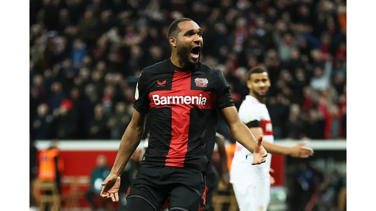 LEVERKUSEN, GERMANY - FEBRUARY 06: Jonathan Tah of Bayer Leverkusen celebrates scoring his team's third goal during the DFB cup quarterfinal match between Bayer 04 Leverkusen and VfB Stuttgart at BayArena on February 06, 2024 in Leverkusen, Germany. (Photo by Lars Baron/Getty Images)