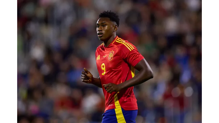 LA LINEA DE LA CONCEPCION, SPAIN - OCTOBER 10: Samu Omorodion of Spain looks on during the UEFA European U21 Championship Qualifying match between Spain and Kazakhstan at Estadio Municipal de La Linea on October 10, 2024 in La Linea de la Concepcion, Spain. (Photo by Fran Santiago/Getty Images)