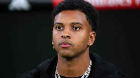 MADRID, SPAIN - OCTOBER 26: Rodrygo of Real Madrid looks on from the sidelines prior to the LaLiga match between Real Madrid CF and FC Barcelona at Estadio Santiago Bernabeu on October 26, 2024 in Madrid, Spain. (Photo by Angel Martinez/Getty Images)