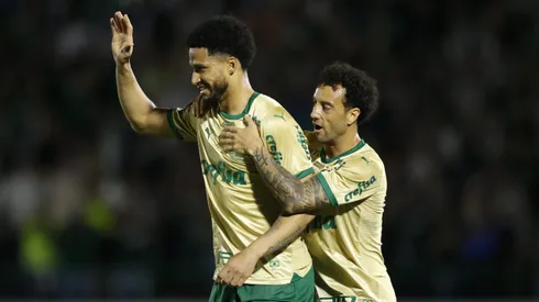 CAMPINAS, BRAZIL – AUGUST 24: Murilo (L) of Palmeiras celebrates his team first goal with a teammate Felipe Anderson during a match between Palmeiras and Cuiaba as part of Brasileirao 2024 at Estadio Brinco de Ouro on August 24, 2024 in Campinas, Brazil. (Photo by Miguel Schincariol/Getty Images)