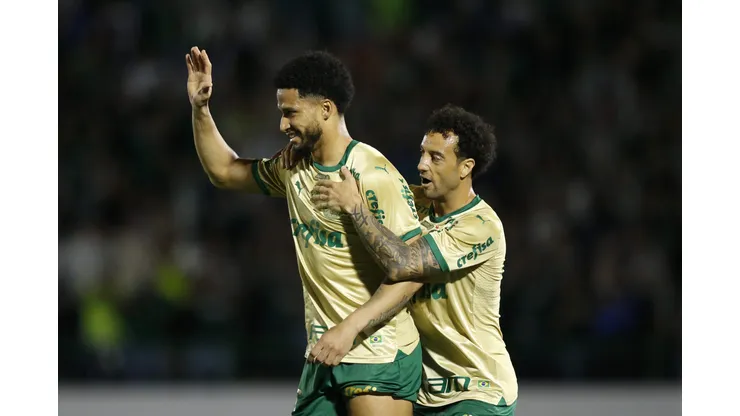 CAMPINAS, BRAZIL - AUGUST 24: Murilo (L) of Palmeiras celebrates his team first goal with a teammate Felipe Anderson during a match between Palmeiras and Cuiaba as part of Brasileirao 2024 at Estadio Brinco de Ouro on August 24, 2024 in Campinas, Brazil. (Photo by Miguel Schincariol/Getty Images)