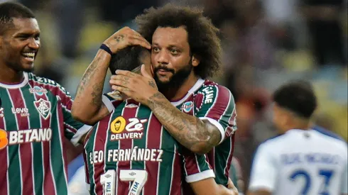 Jogadores do Fluminense comemoram gol pela Libertadores.
