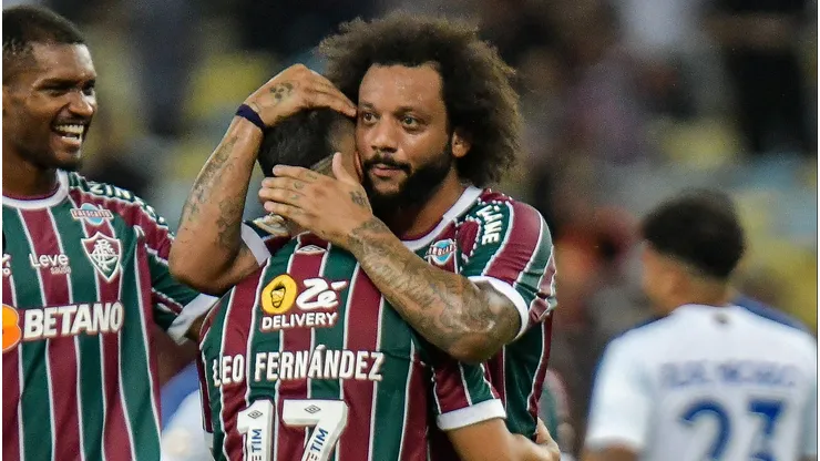 Jogadores do Fluminense comemoram gol pela Libertadores.