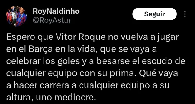 Torcedor do Barcelona sobre Vitor Roque no X.