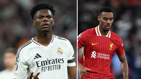 Real Madrid tenta trocar Tchouaméni com o Liverpool. Fotos: Angel Martinez e Justin Setterfield/Getty Imagens