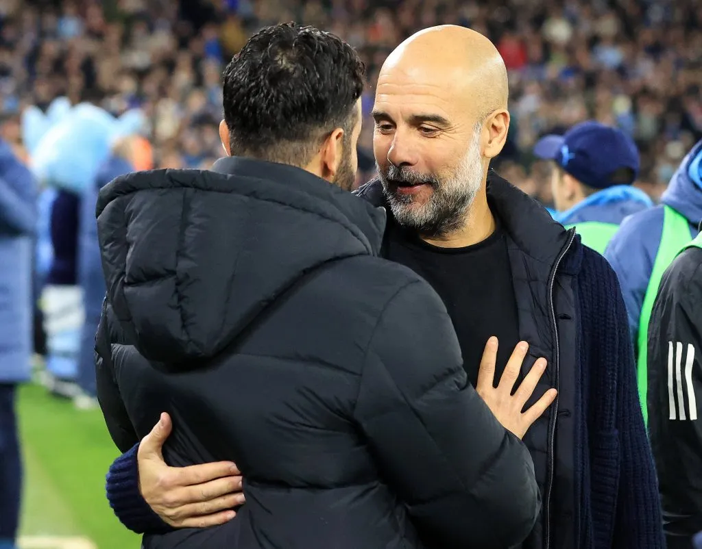 Pep Guardiola e Ruben Amorim no último derby de Manchester. Foto: IMAGO / Ação Plus.