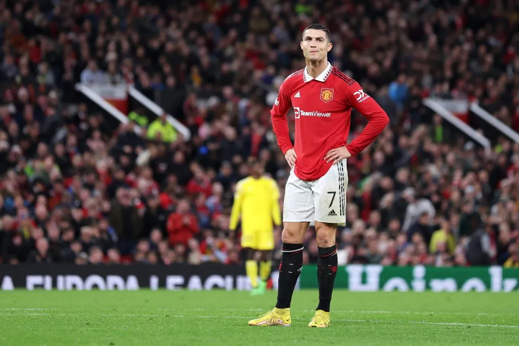 Cristiano Ronaldo em ação com a camisa do Manchester United. (Photo by Naomi Baker/Getty Images)