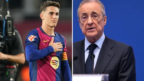 Gavi teve encontro com Florentino Pérez. Fotos: Alex Caparros e David Ramos/Getty Imagens