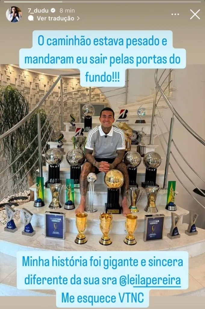 Nas redes sociais, Dudu responde falas de Leila Pereira, presidente do Palmeiras. Foto: Reprodução