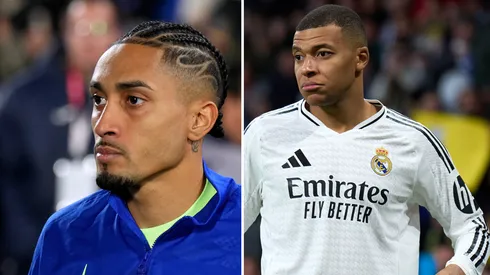 Mbappé supera Raphinha, do Barcelona, na Espanha. Fotos: Angel Martinez/Getty Imagens