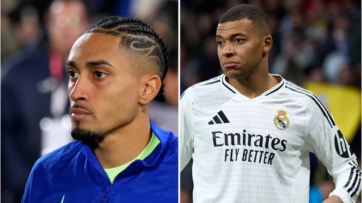 Mbappé supera Raphinha, do Barcelona, na Espanha. Fotos: Angel Martinez/Getty Imagens