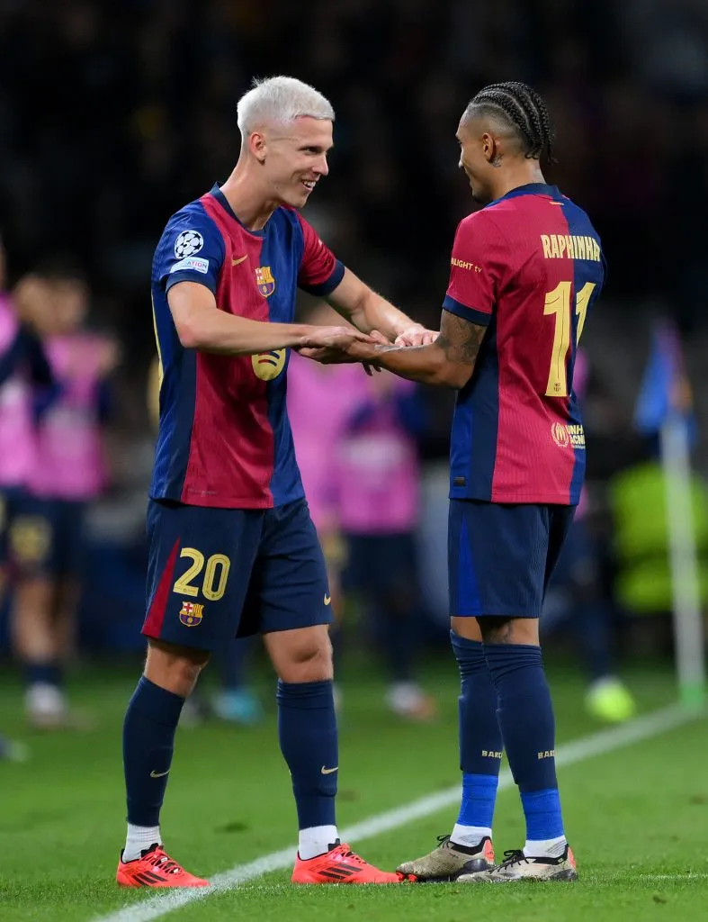 Manchester City também já demonstrou interesse em Dani Olmo, segundo a imprensa. Agora, busca uma proposta pra ter Raphinha, também do Barcelona.  (Photo by David Ramos/Getty Images)