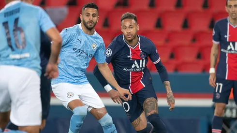 Neymar marcado por Ryad Mahrez em partida da UEFA Champions League entre PSG e Manchester City. Foto: Abaca Press / Alamy Stock Photo