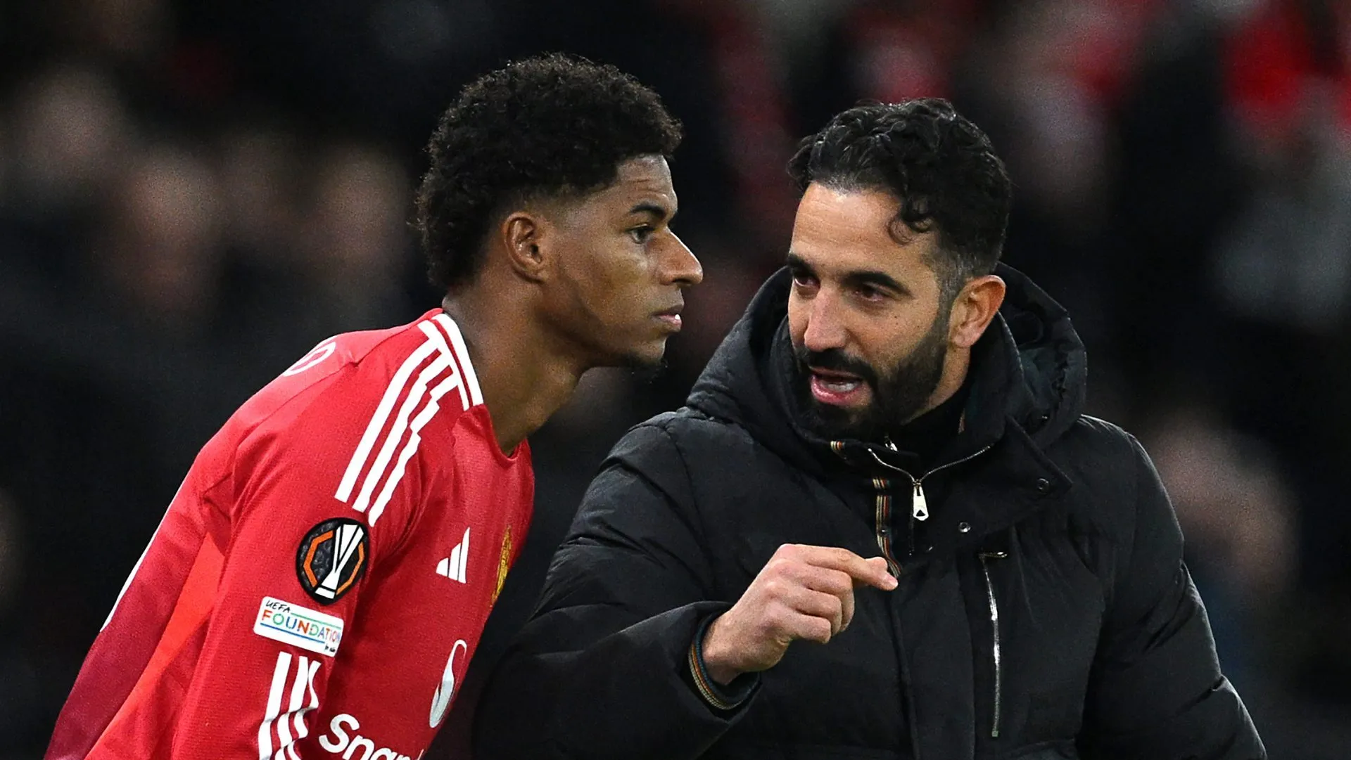 Marcus Rashford e o treinador Ruben Amorim pelo Manchester United &nbsp;(Photo by Justin Setterfield/Getty Images)
