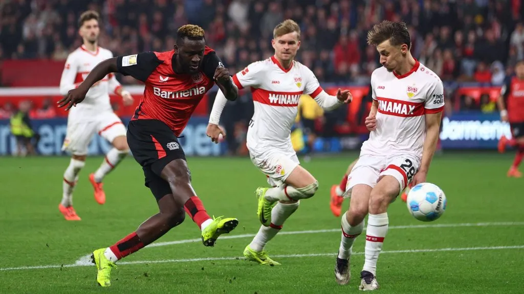 Boniface em jogo do Bayer Leverkusen. Foto: Dean Mouhtaropoulos/Getty Images