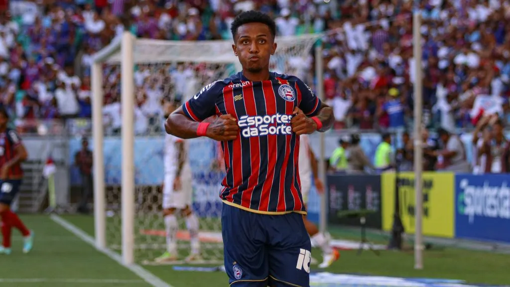 Kayky comemorando gol em sua primeira passagem no Bahia. Foto: Renan Oliveira/AGIF