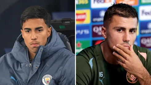 Vitor Reis sentado no banco de reservas e Rodri em coletiva