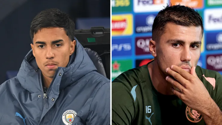 Vitor Reis sentado no banco de reservas e Rodri em coletiva