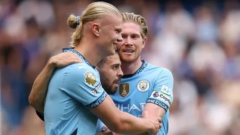 Haaland, Bernardo Silva e De Bruyne comemorando gol do City. Português decidiu não renovar o seu contrato. Foto: Julian Finney