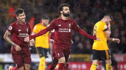 Mohamed Salah comemora gol marcado em partida do Liverpool diante do Wolverhampton. Foto: PA Images / Alamy Stock Photo