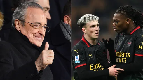 Florentino Pérez, presidente do Real Madrid. Álex Jiménez, e Rafael Leão, de camisa preta. (Photo by David Ramos/Getty Images) e (Photo by Marco Luzzani/Getty Images)