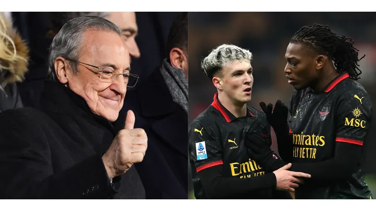 Florentino Pérez, presidente do Real Madrid. Álex Jiménez, e Rafael Leão, de camisa preta. (Photo by David Ramos/Getty Images) e (Photo by Marco Luzzani/Getty Images)