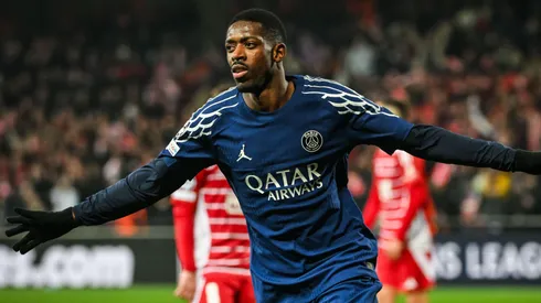 Ousmane Dembélé comemora gol marcado em partida diante do Brest, pela Champions League. Foto: ZUMA Press, Inc. / Alamy Stock Photo