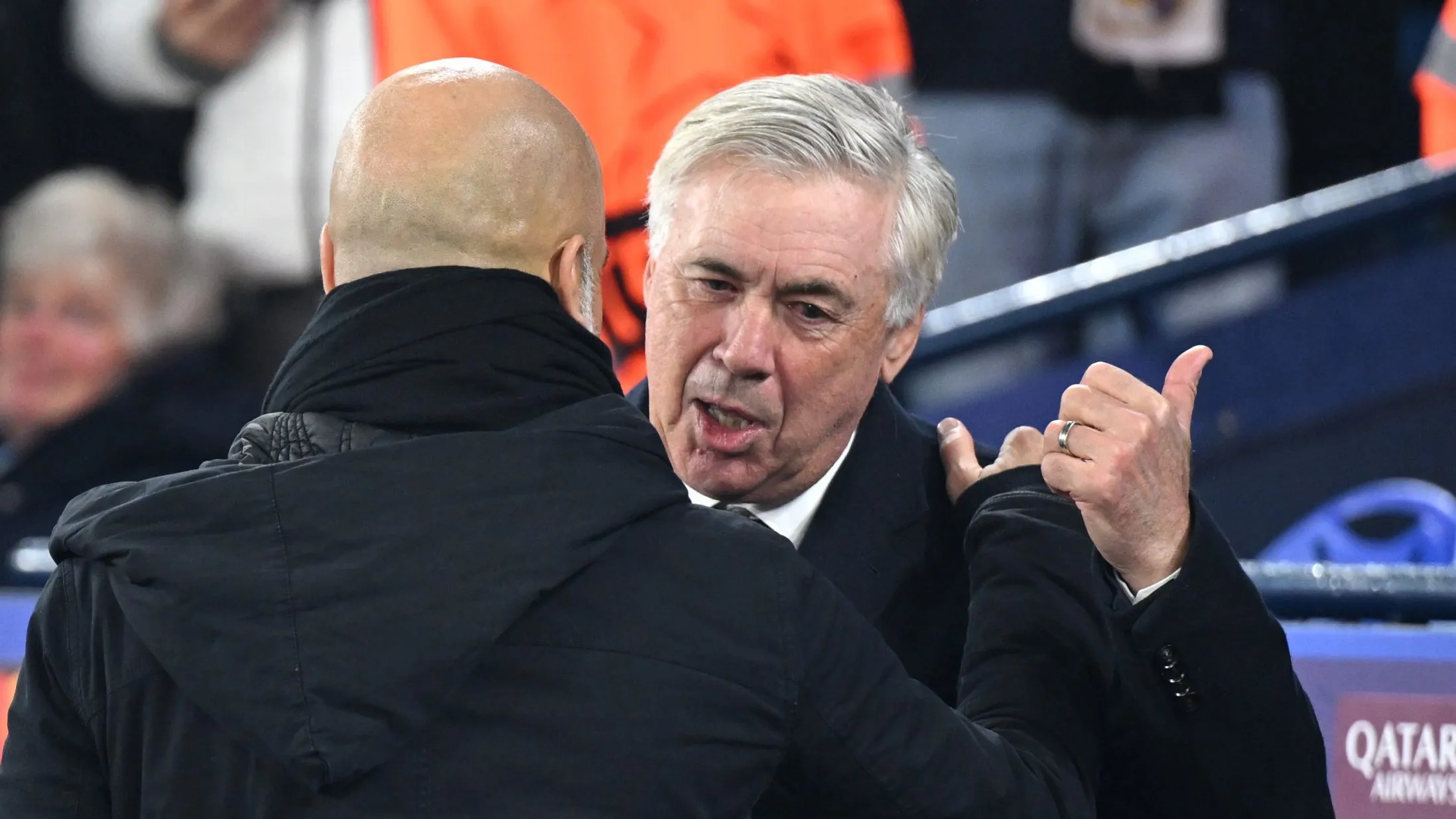 Carlo Ancelotti e Guardiola em Real Madrid x Manchester City (Photo by Michael Regan/Getty Images)