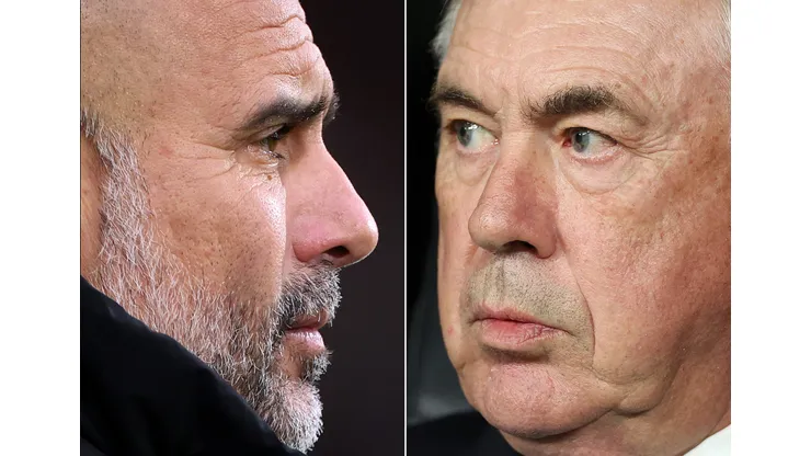 Pep Guardiola (Photo by Alex Pantling/Getty Images) E Carlo Ancelotti, pelo Real Madrid (Photo by Florencia Tan Jun/Getty Images)