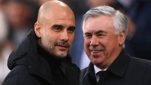 Pep Guardiola, do Manchester City e Ancelotti, do Real Madrid. (Photo by Laurence Griffiths/Getty Images)