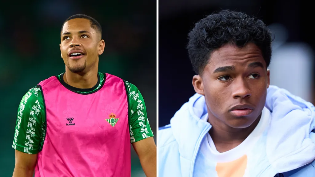 No lado esquerdo, Vitor Roque aparece pelo Betis (Photo by Fran Santiago/Getty Images) - No lado direito, Endrick aparece pelo Real Madrid (Photo by Juan Manuel Serrano Arce/Getty Images)