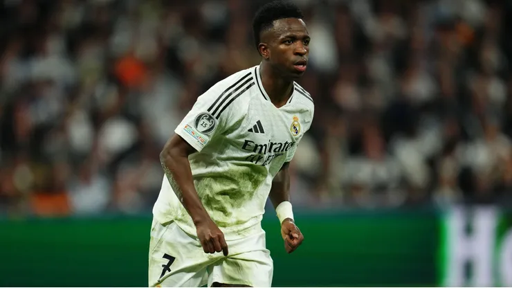 Vinícius Júnior durante partida entre Real Madrid e Manchester City no Santiago Bernabéu. Foto: Sipa US / Alamy Stock Photo