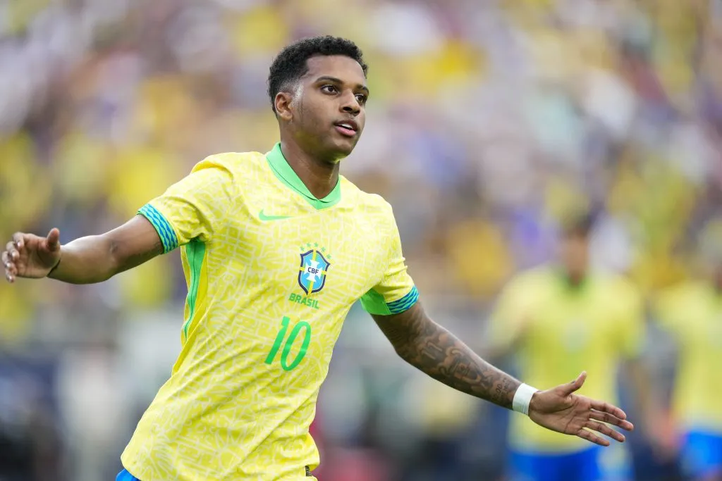 Rodrygo celebra gol do Brasil. Foto: Rich Storry/Getty Images